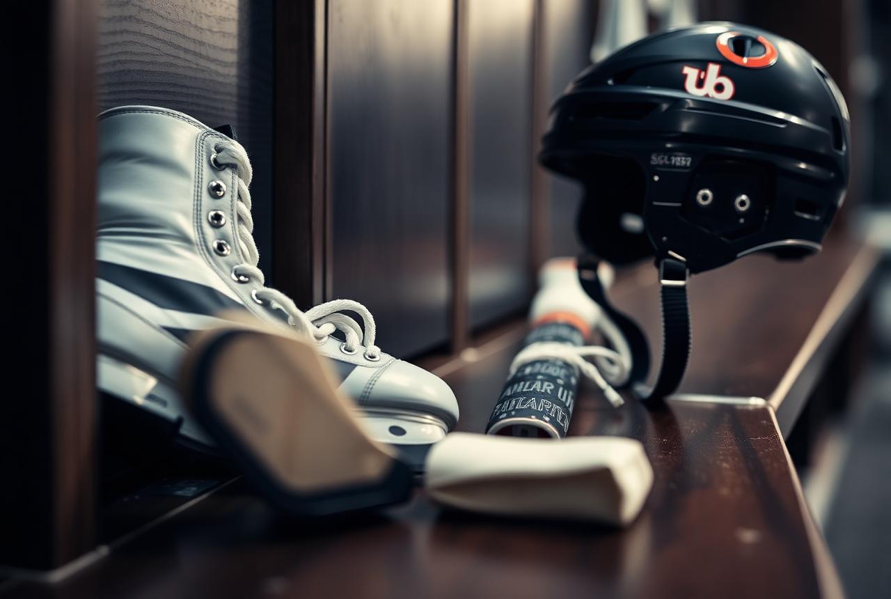 Hockey skates, stick tape and helmet on a locker room bench