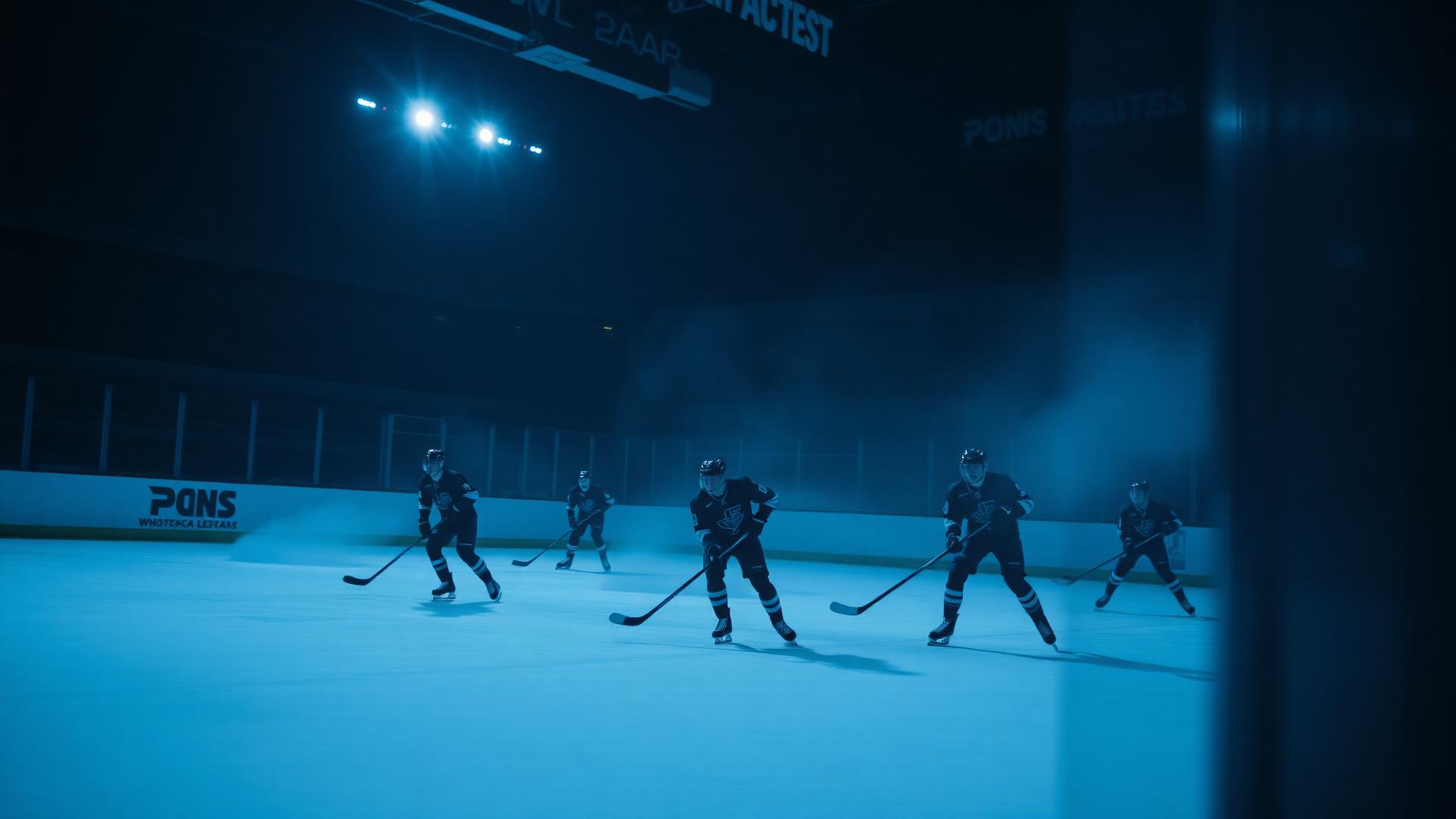 Adult hockey players skating during a night session at the rink