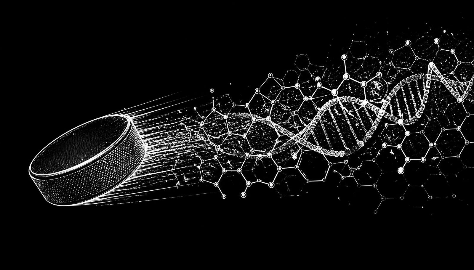 Line-art hockey puck in flight with its trail forming molecular chemistry diagrams